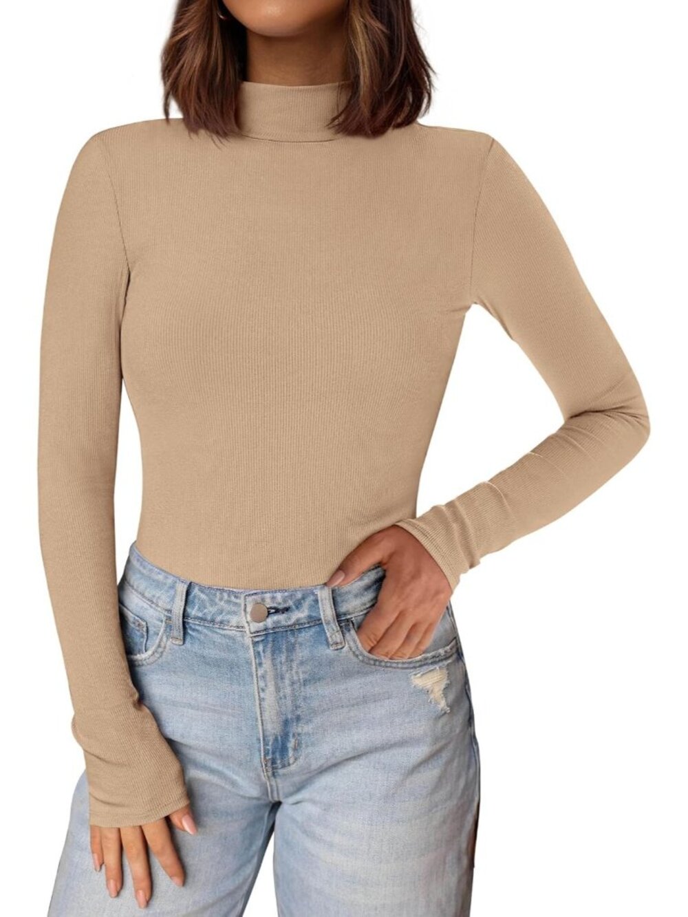Women's Khaki Ribbed Knit Mock Turtleneck Long Sleeve Undershirts Slim Fit Top
